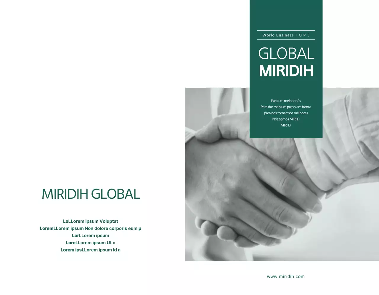 Uma miragem global simples com texto e imagens em verde escuro para promover a empresa.