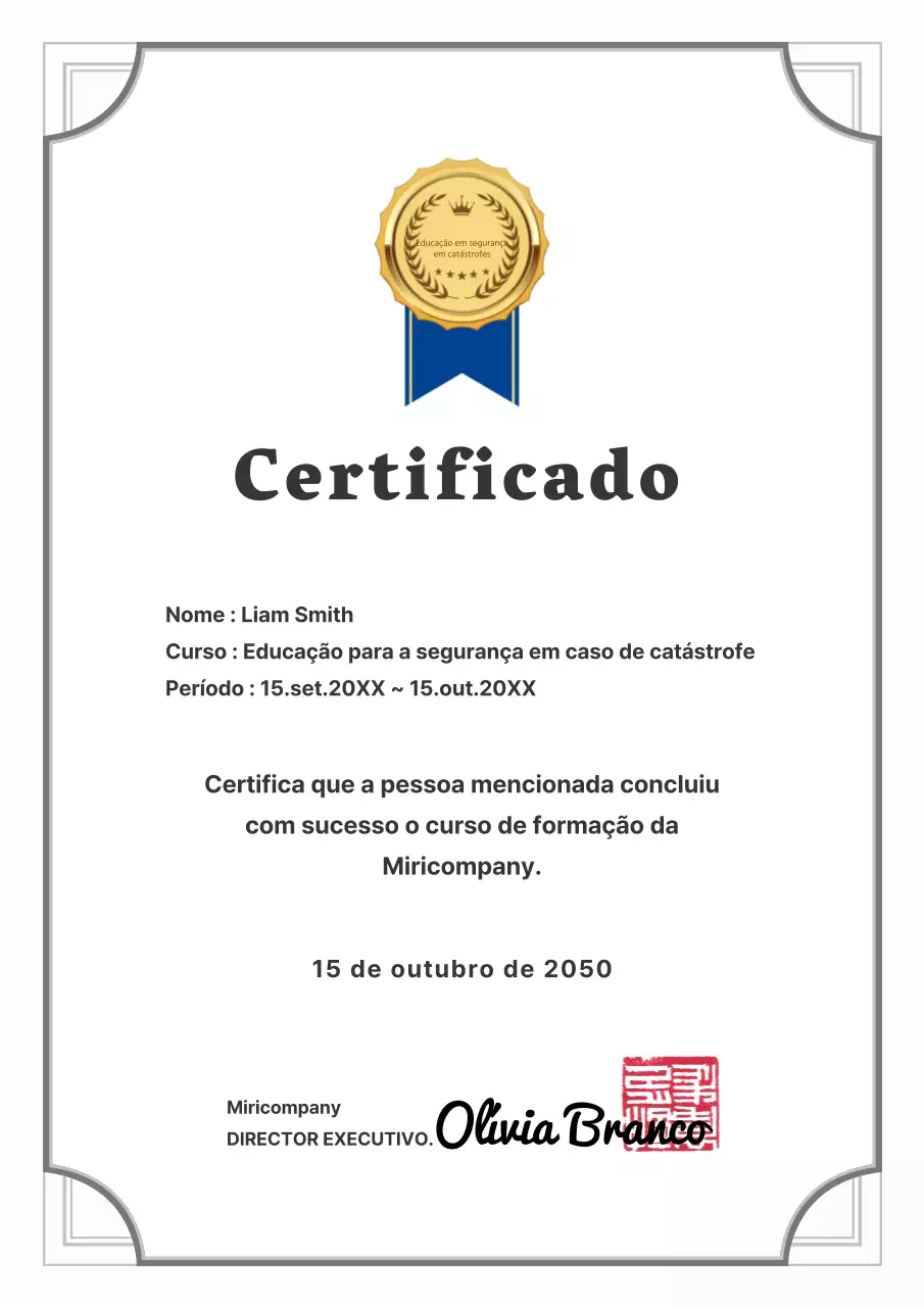Modelo de documento comercial de certificado de conclusão de formação em segurança simples
