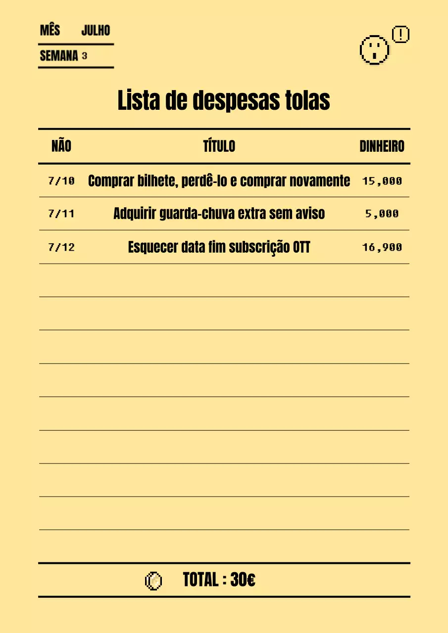 Lista de despesas estúpidas num conceito de recibo bitmap amarelo