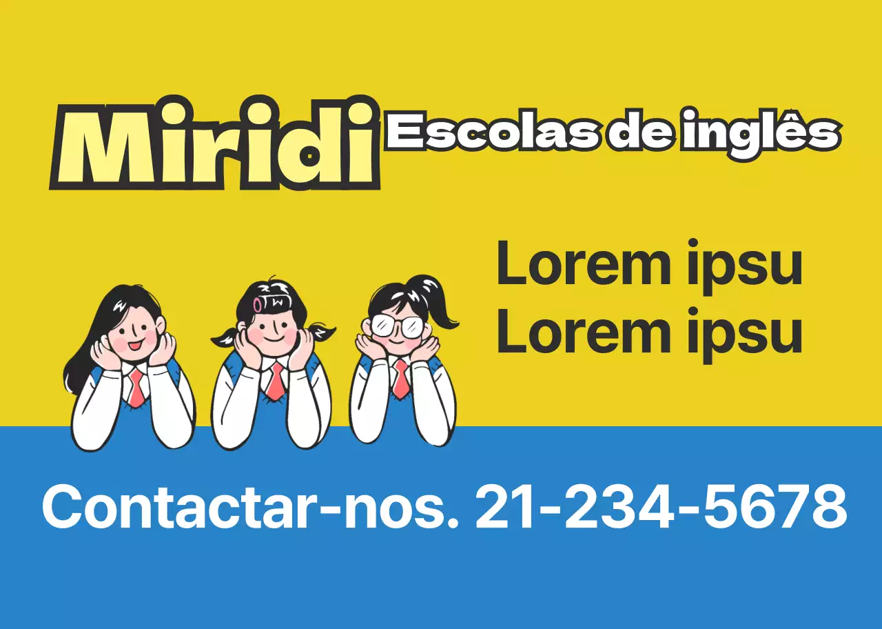 Ilustração de personagem azul amarela Promoção de escola inglesa