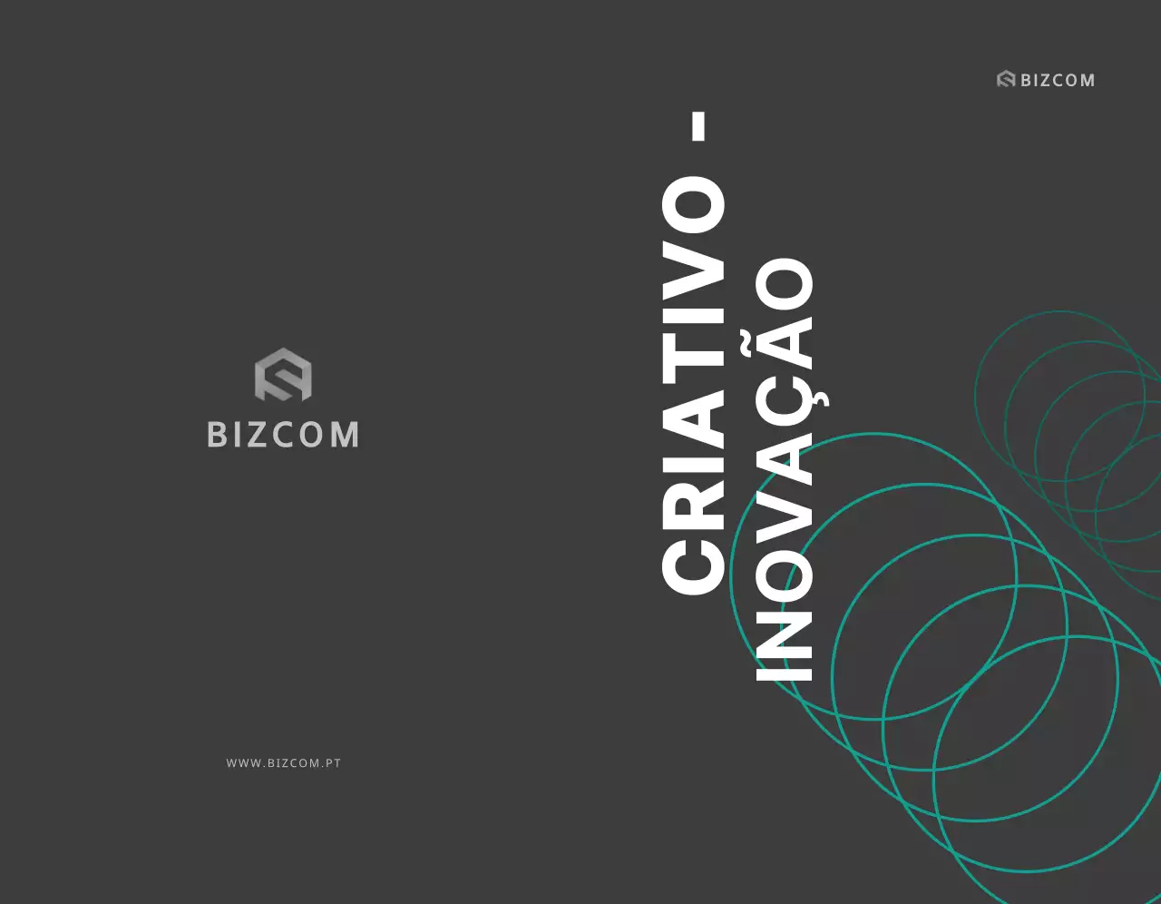 Uma promoção simples da empresa bizcom com texto e ilustrações a preto e cinzento.