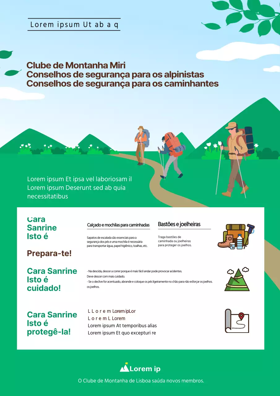 Ilustração azul-celeste e verde da Associação de Montanhismo com conselhos para escalar montanhas em segurança