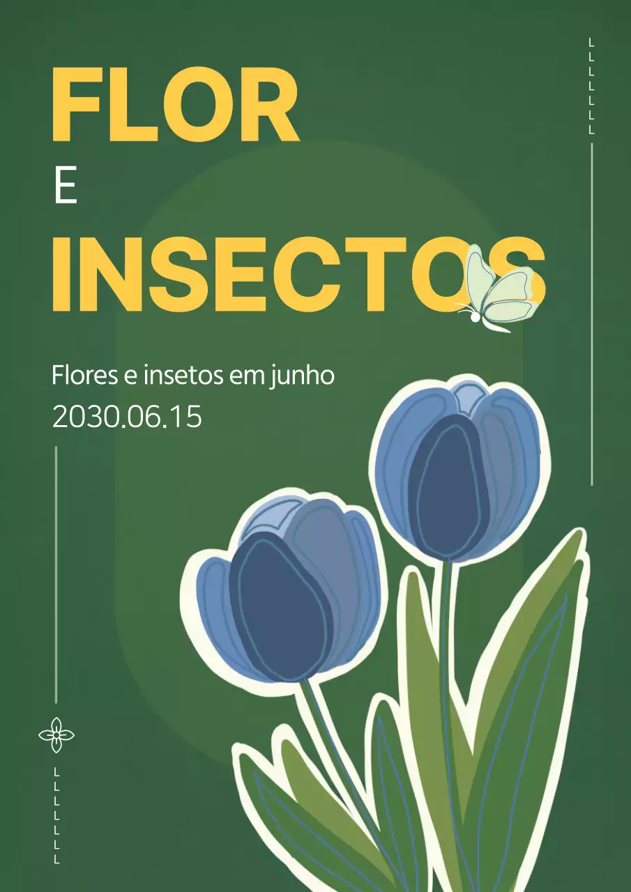 Webposter verde e amarelo para promover a experiência de ecologia de flores e insectos