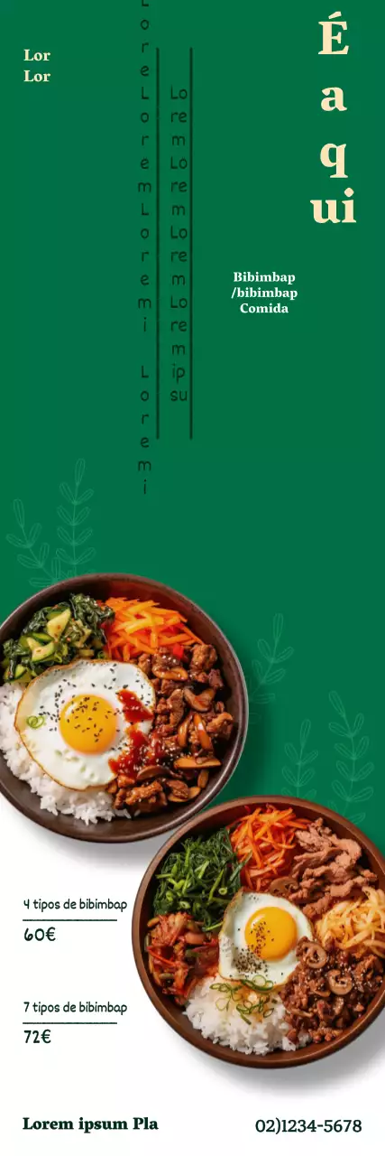 Promoção com 2 conjuntos de bibimbap sobre um fundo verde e branco