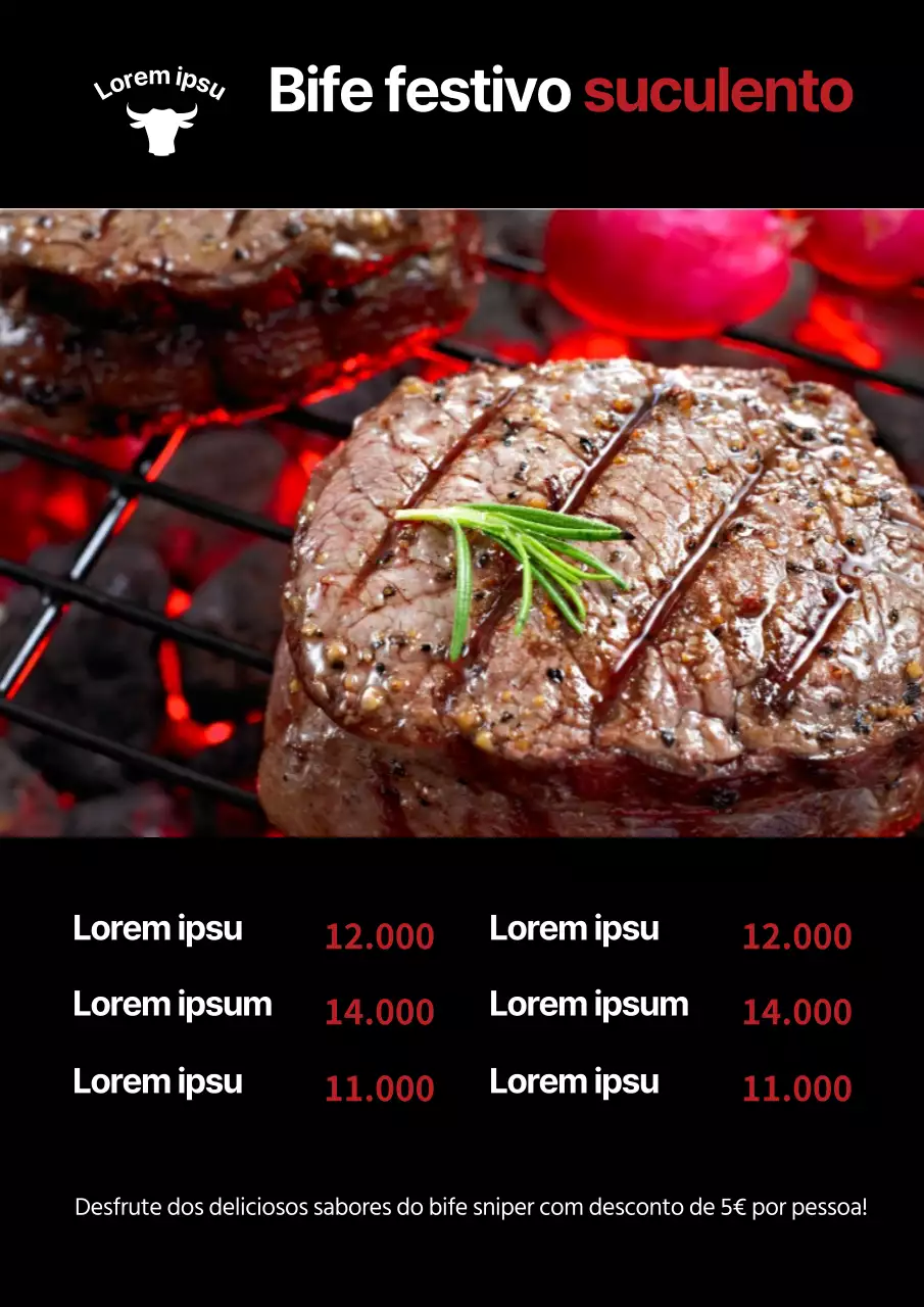 Quadro do menu de uma churrascaria com uma fotografia de um bife preto e promoção de vendas