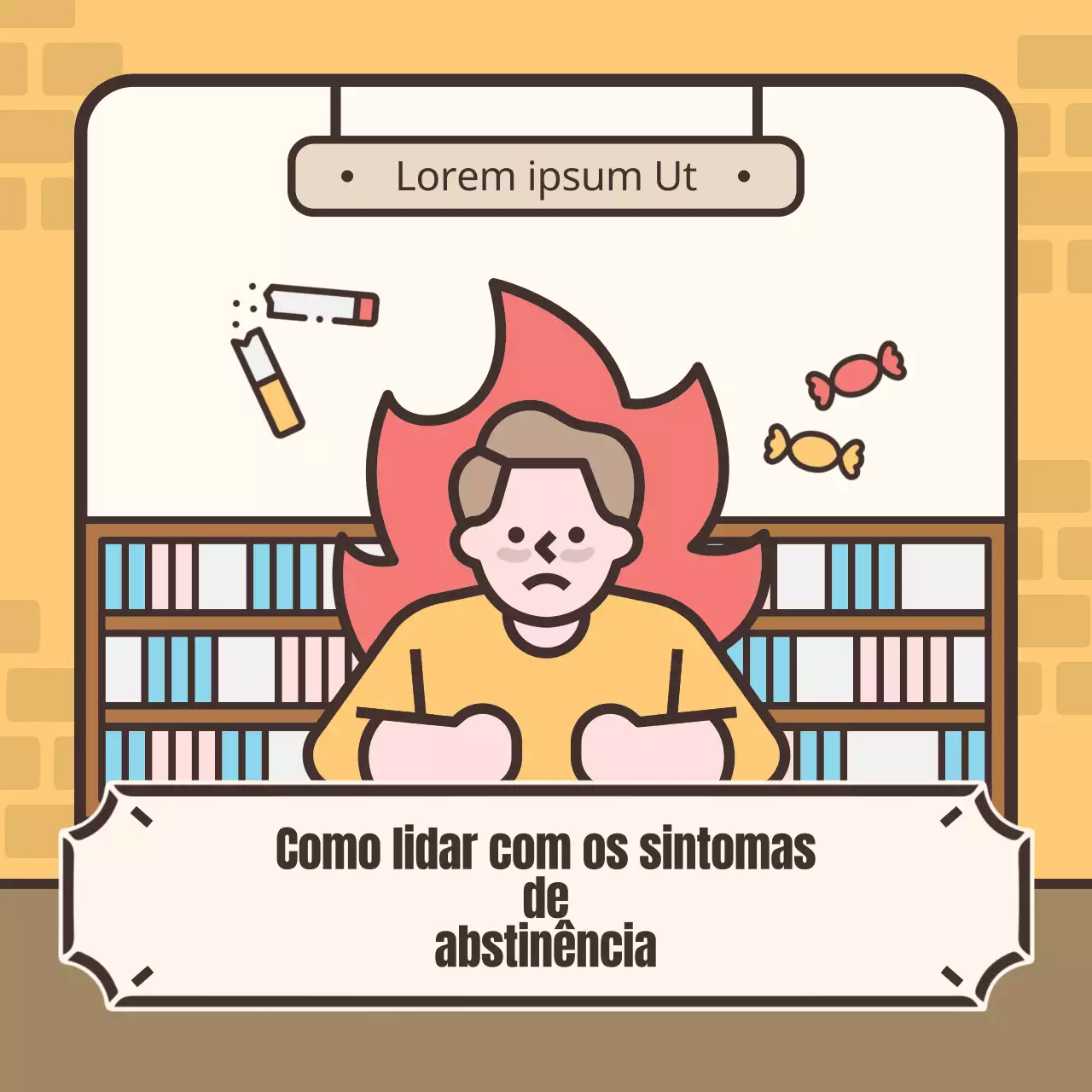 Ilustração amarela e castanha de sintomas de abstinência do tabaco