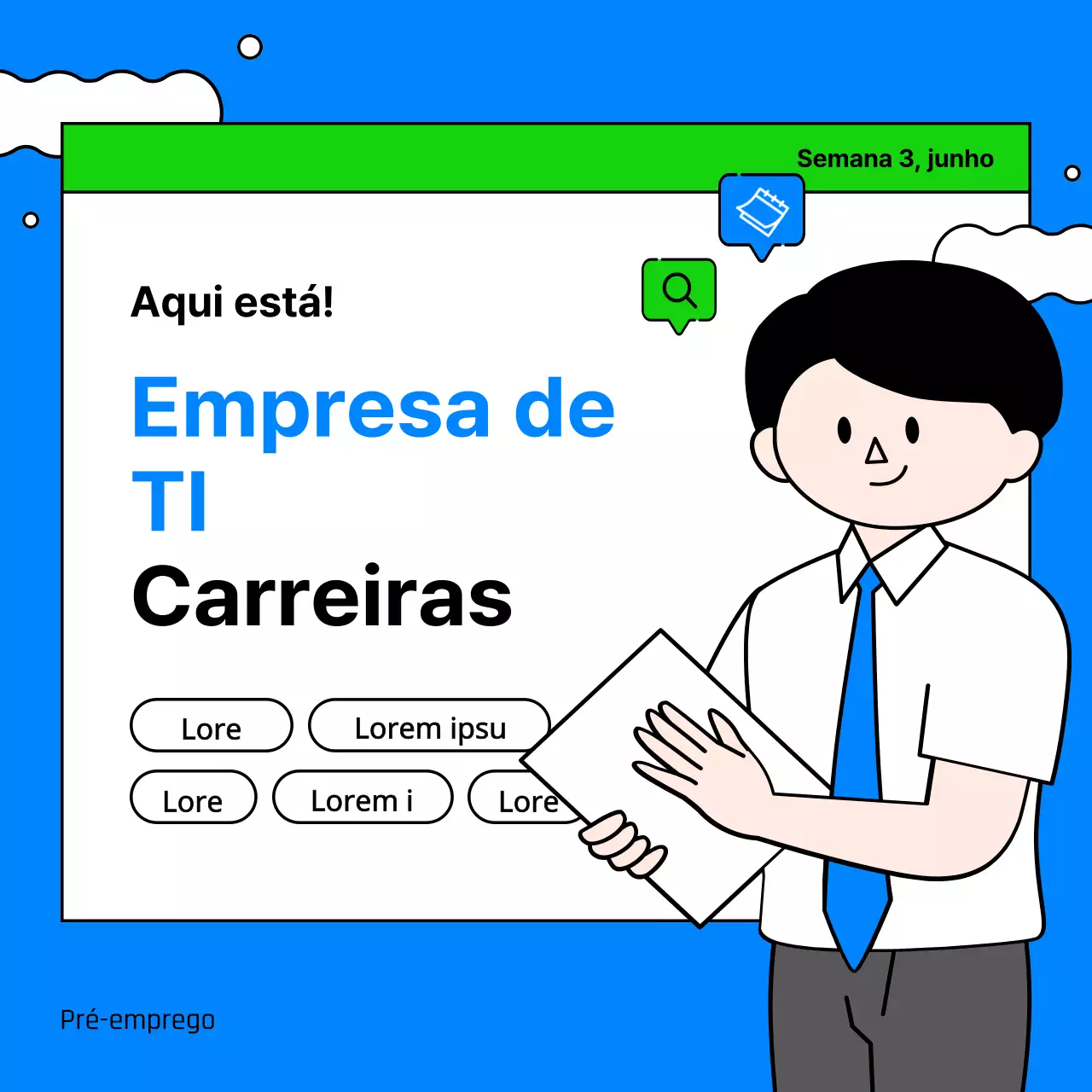 Anúncios de emprego de empresas de TI com ilustrações empresariais simples e engraçadas em azul claro e chartreuse.
