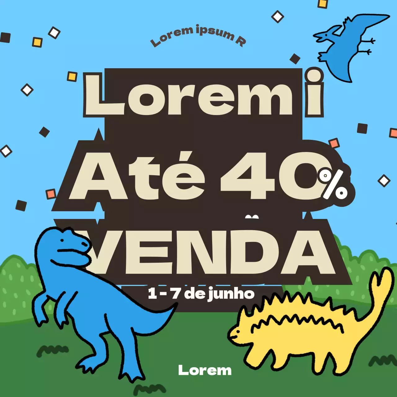 Evento de venda de brinquedos no Dia do Dinossauro com ilustrações de dinossauros coloridos e bonitos em azul claro