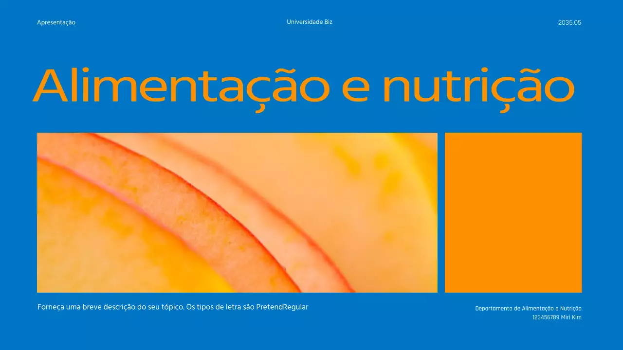 Nutrição e planos de refeições destacados em fotografias azuis e cor de laranja