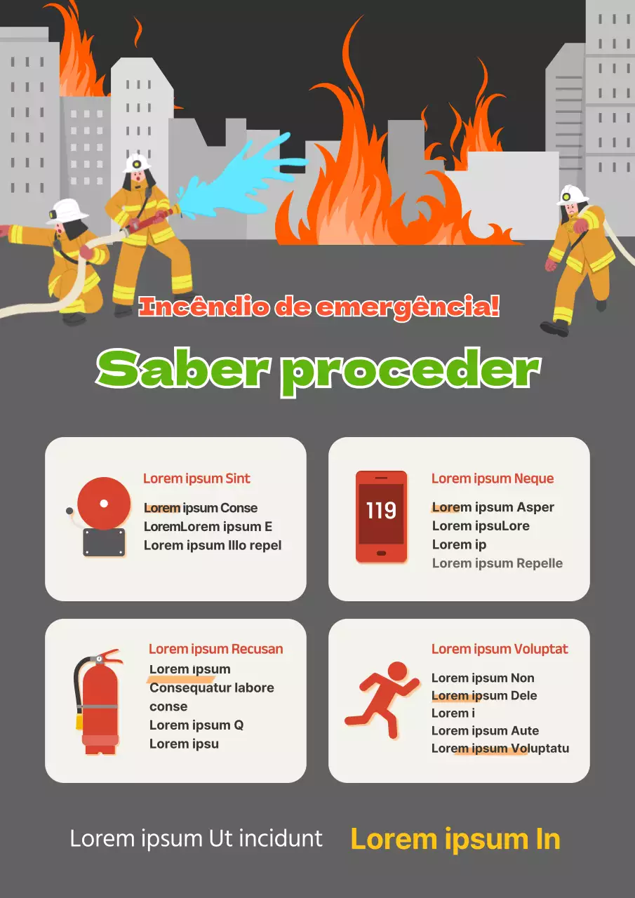 Dicas de combate a incêndios com ilustrações a preto e cinzento