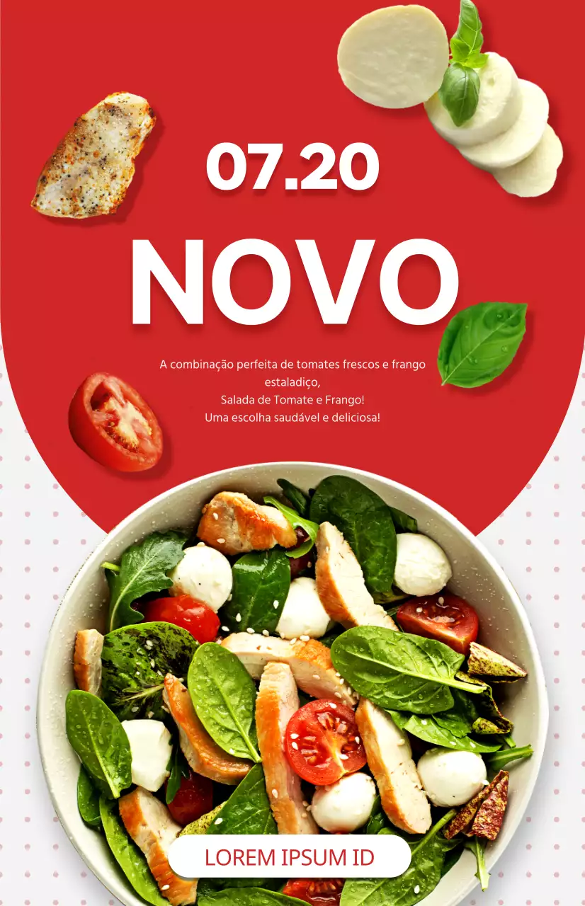 Promover um novo menu de saladas com um fundo com padrão de pontos vermelhos e brancos