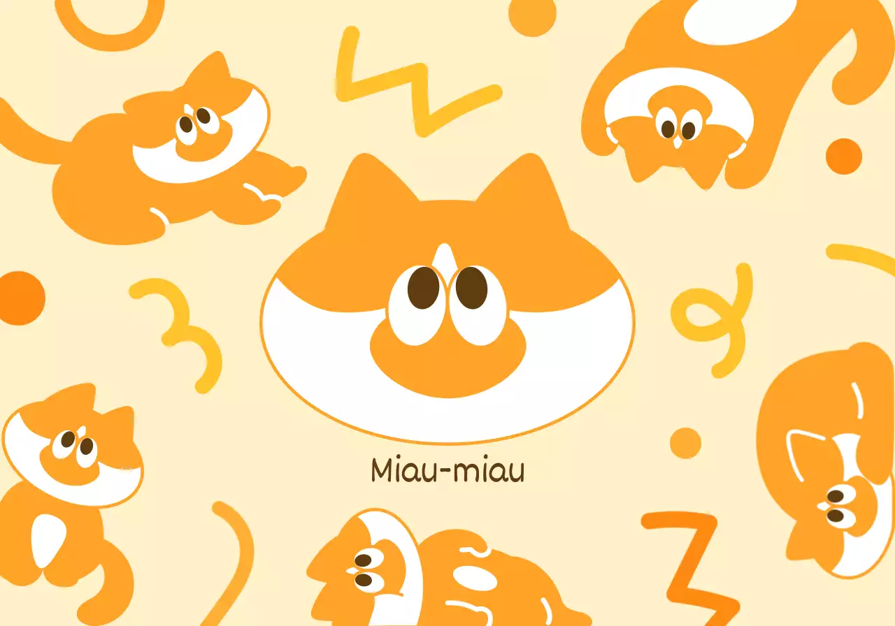 Artigos para piquenique com ilustrações e formas de gatos giros em amarelo e laranja.