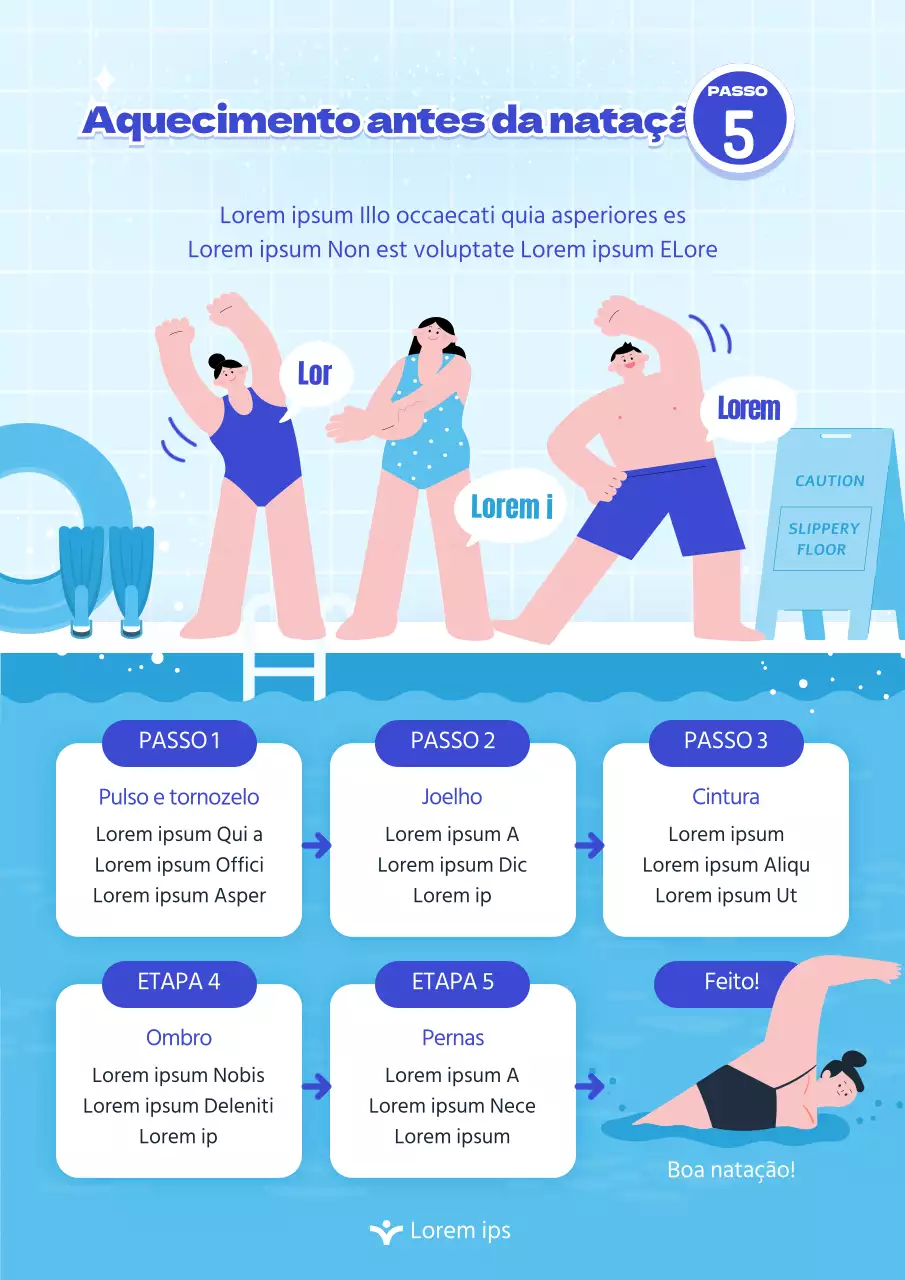 Webposter azul ilustrado de aquecimento antes da natação