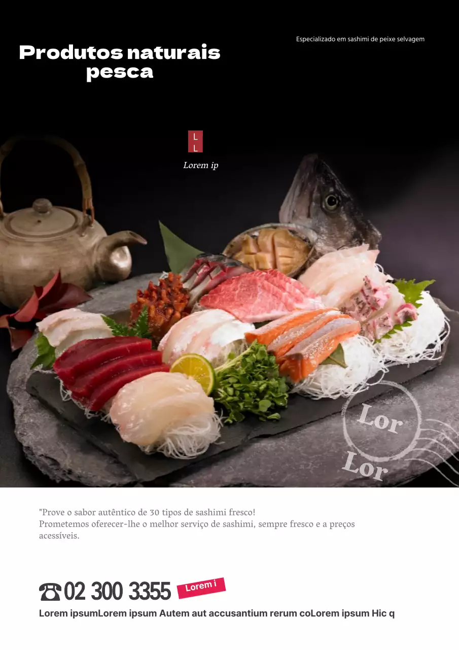 Promover um restaurante de sashimi simples e com classe com fotografias de sashimi preto e fresco