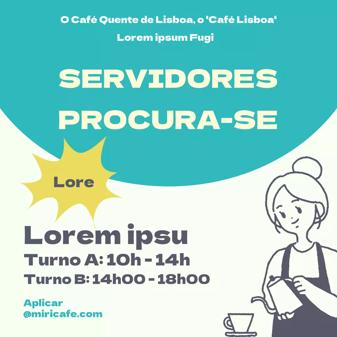 Anúncio de emprego de empregado com texto realçado em fundo ciano V1