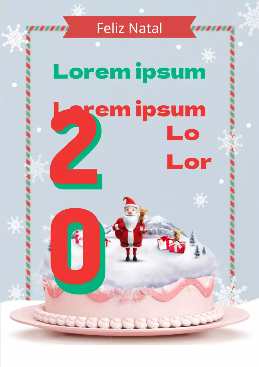 Folheto que promove um evento de venda de um bolo de Natal colorido em vermelho e azul claro.