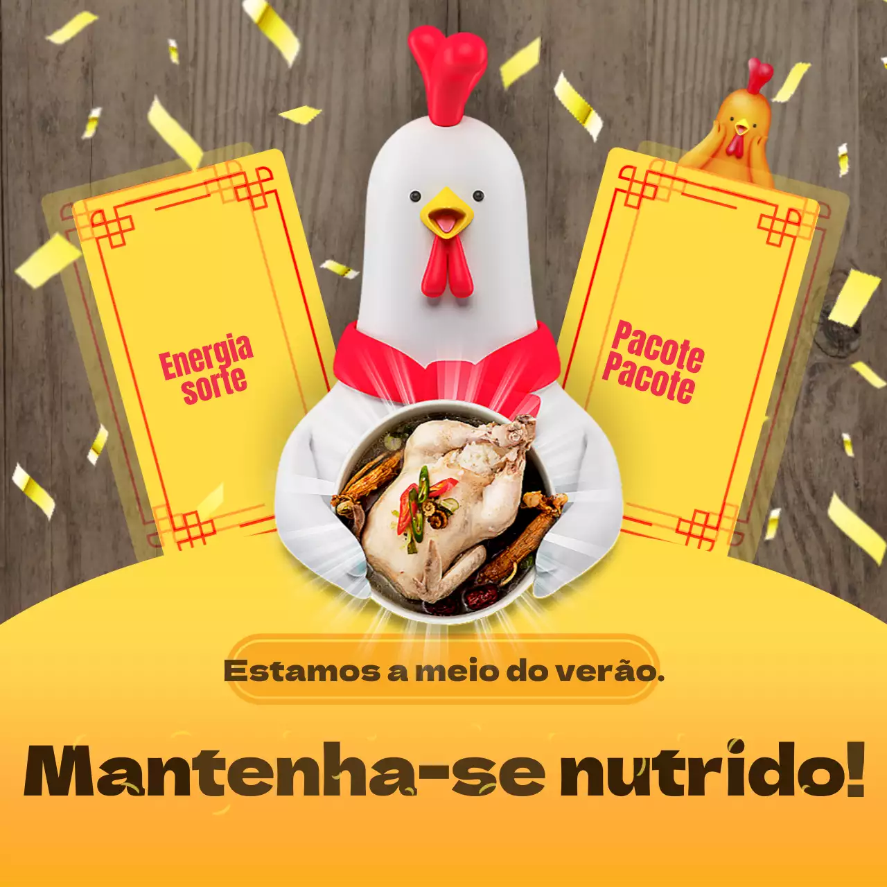 Tema da personagem 3D Samgyetang com um conceito de animação amarelo, colorido e alegre