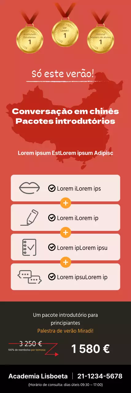 X-banner para uma escola que promove um pacote de introdução à conversação em chinês com uma ilustração de um mapa a vermelho.
