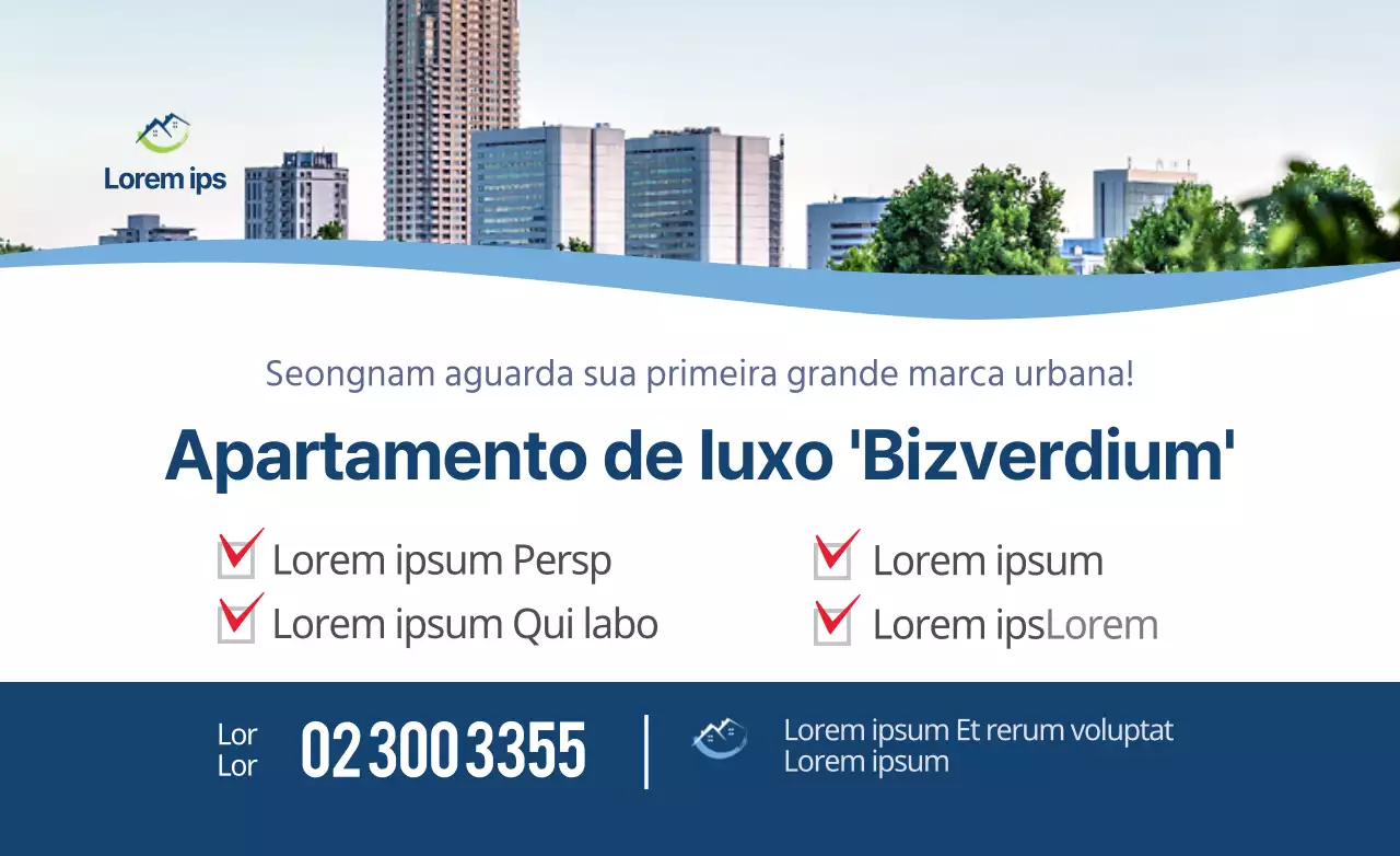 Estilo de apresentação simples e limpo em azul-marinho e branco para anúncios de apartamentos