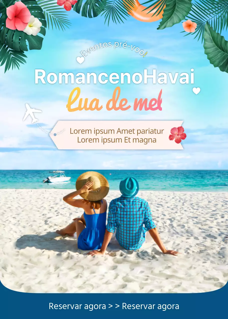 Evento pop-up da companhia aérea de cor azul com conceito havaiano