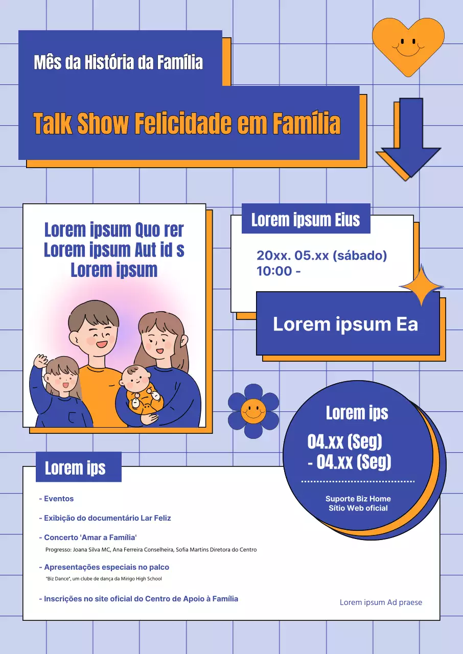 Evento de talk show com ilustrações engraçadas sobre um fundo axadrezado