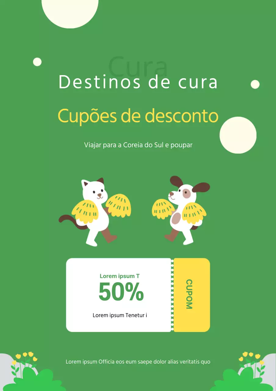 Um bonito folheto verde e amarelo que promove um evento de viagem com desconto para um destino turístico