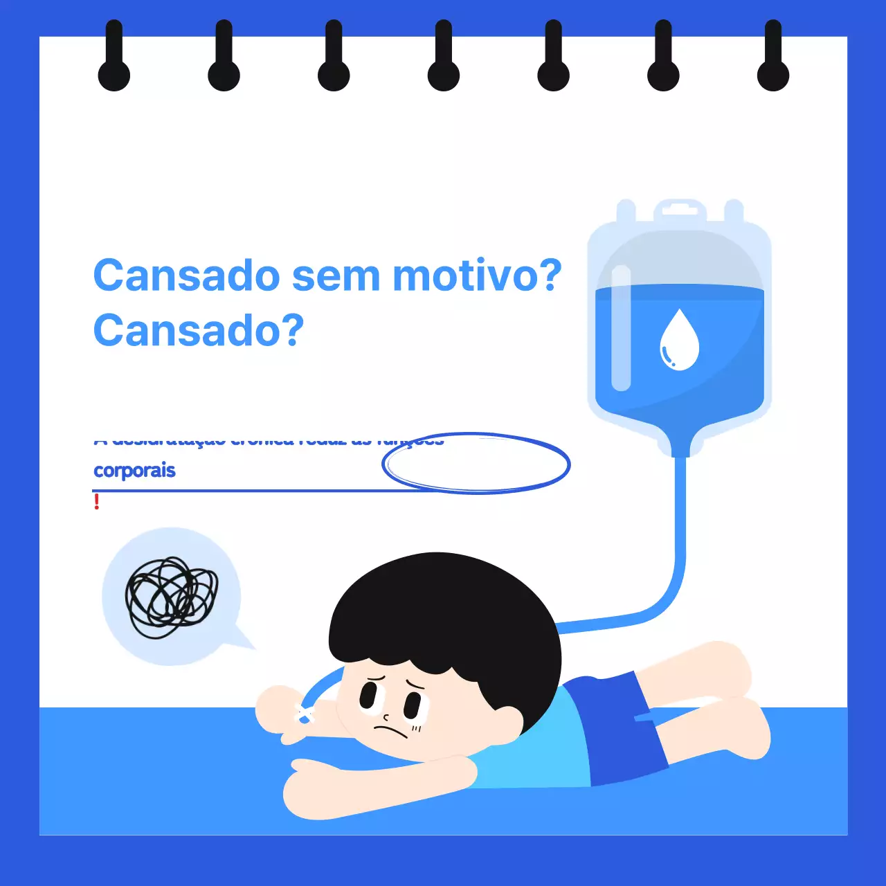 Informações sobre a doença da desidratação crónica num formato de bloco de notas com ilustrações simples e engraçadas em azul e azul claro.