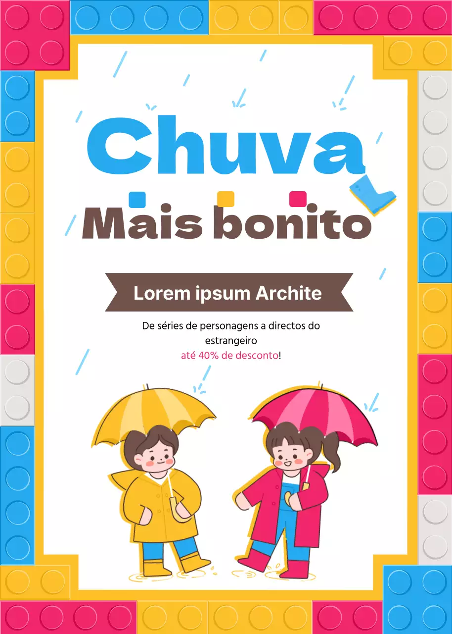 Tema de objectos para crianças para a época das chuvas com blocos coloridos e um conceito infantil engraçado