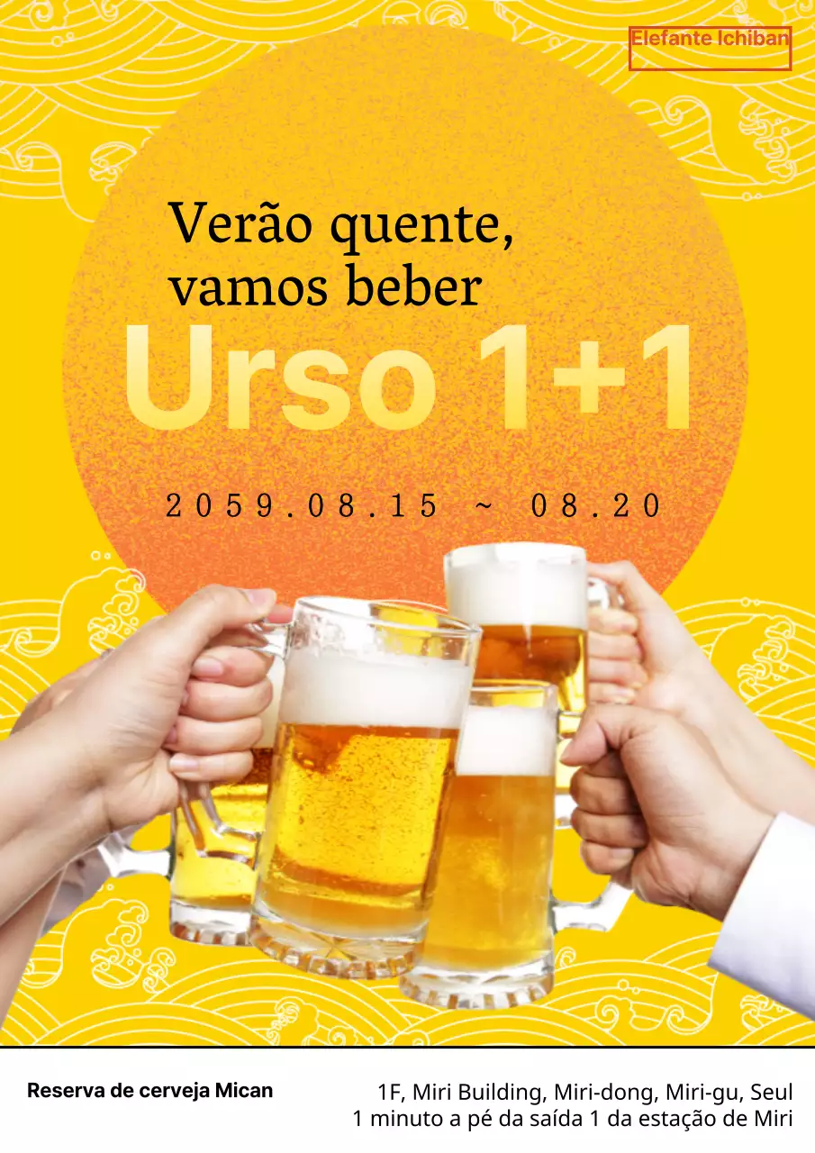 Promover um evento de cerveja com desconto com um conceito de inspiração japonesa com ilustrações do oceano a laranja e amarelo