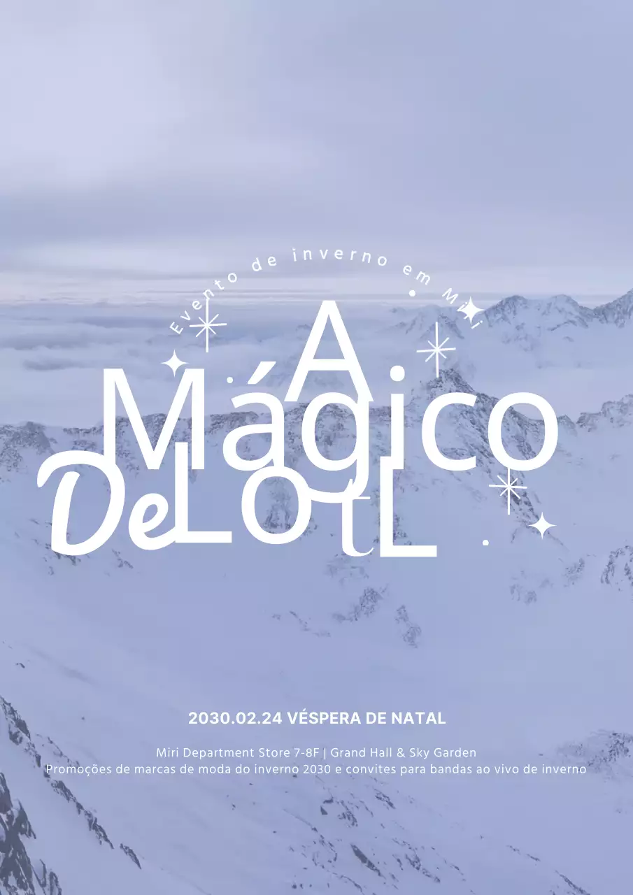 Cartaz vertical de uma montanha de neve de inverno em branco e azul claro