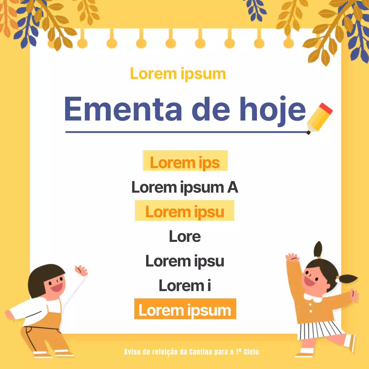 Amarelo Azul-marinho Ementa de hoje Ementa da escola primária Almoço diário Mesa de refeições Aviso móvel