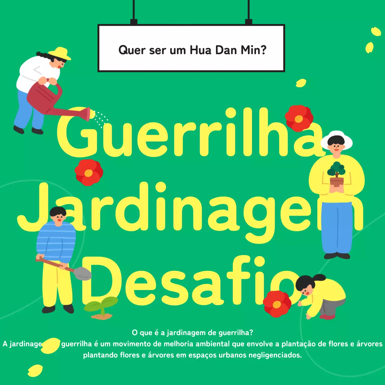Desafio de jardinagem de guerrilha com um conceito giro, verde e ilustrado para melhorar o ambiente