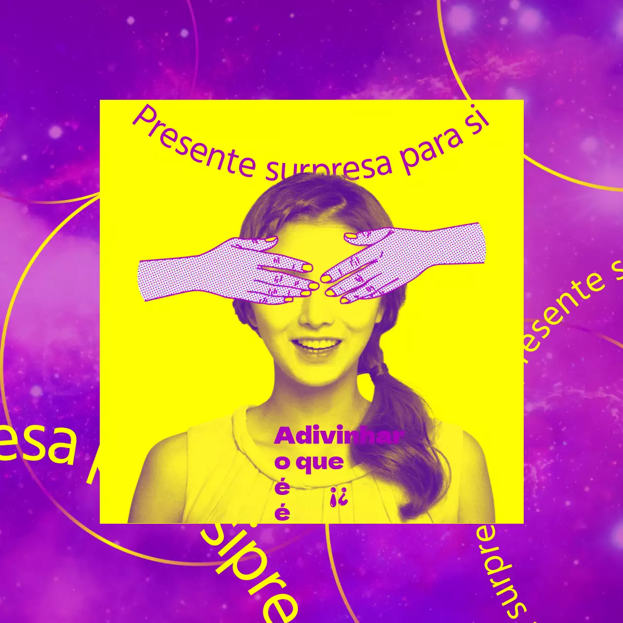 Postagem do evento de brindes kitsch roxo e amarelo