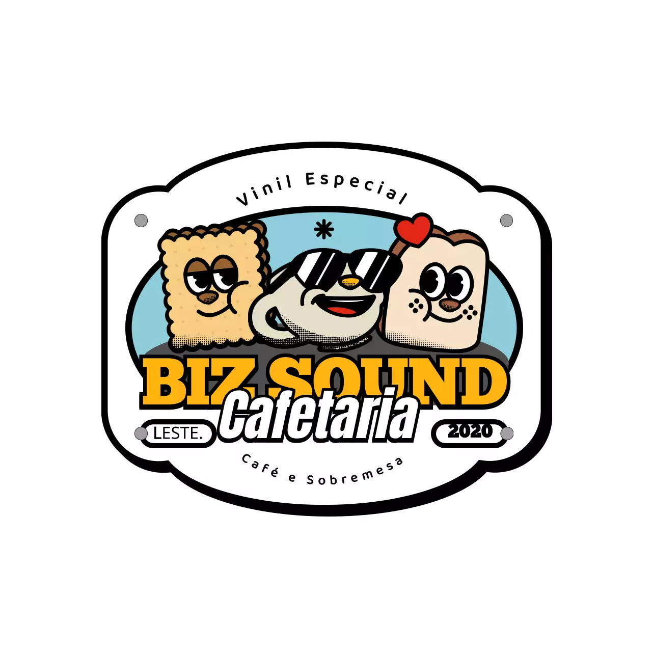 Série de merchandise de café com logótipo de personagem giro e moderno em amarelo e preto