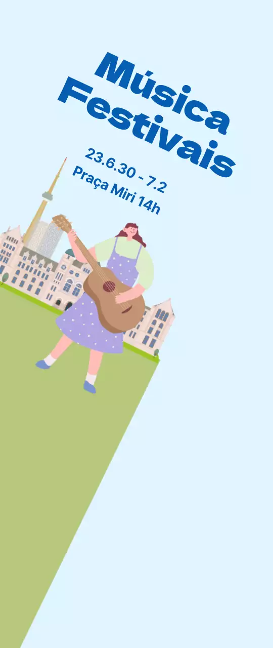 Promoção de festival de música em fundo azul claro e relva verde