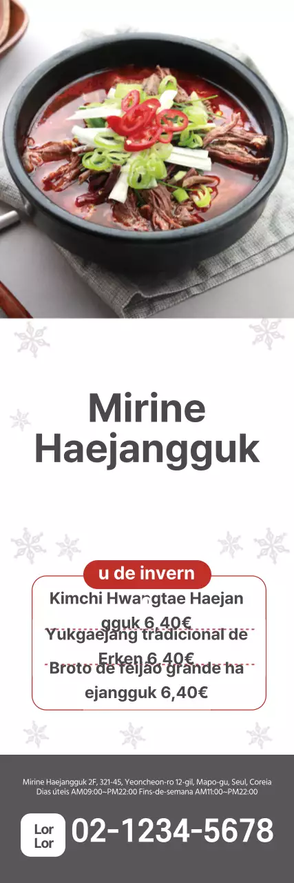 Fotografia de inverno branco Anúncio do menu Haejangguk