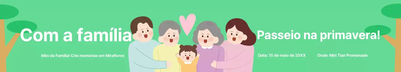 Evento de passeio com a ilustração de uma família num fundo de parque de cor chartreuse