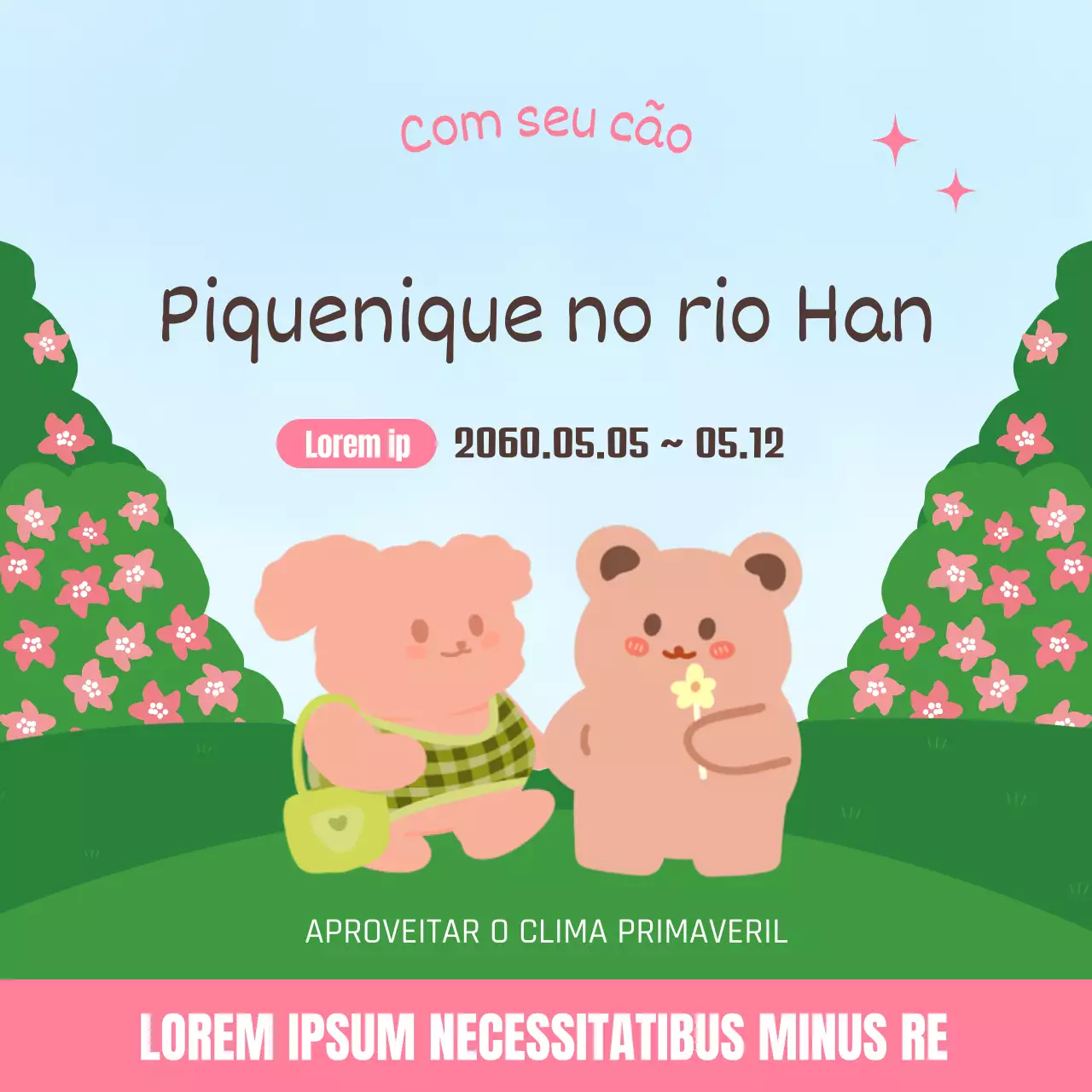 Conceito primaveril de cor-de-rosa e verde para o design de alimentos para piqueniques no rio Han