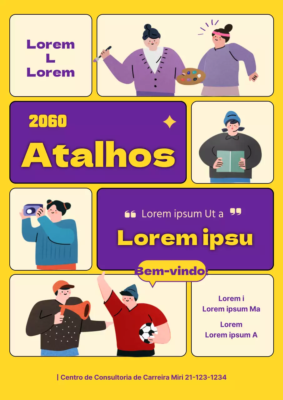 Anúncios de aconselhamento de carreira com um layout dividido em amarelo e roxo