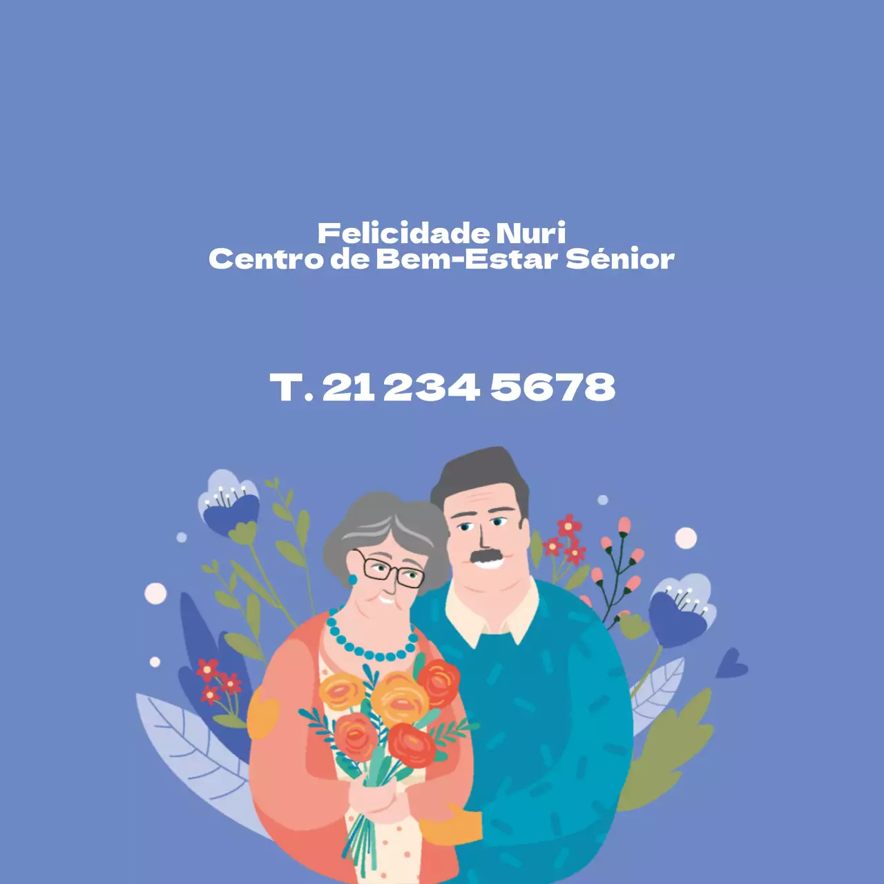 Ilustração azul que promove um centro de bem-estar para idosos
