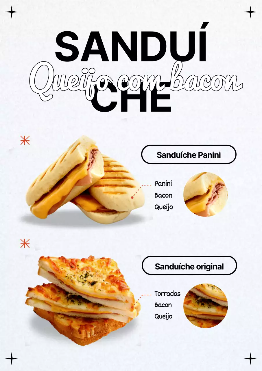 Promover um menu de sandes simples, a preto e branco