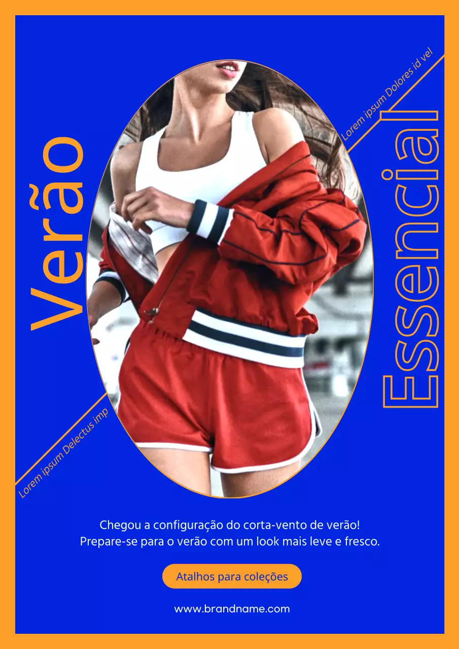 Um webposter que promove fatos de treino de verão com estilo, em azul e laranja.