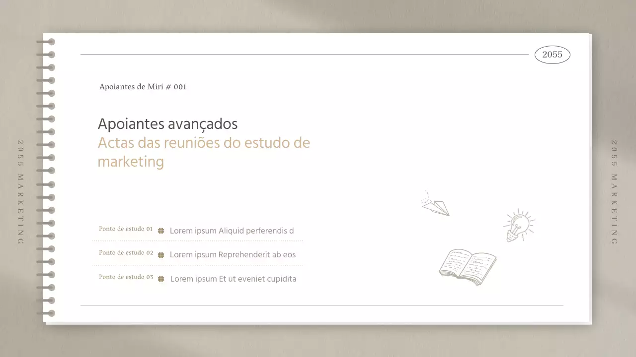 Actas de reuniões de estudo de marketing num bloco de notas bege simples