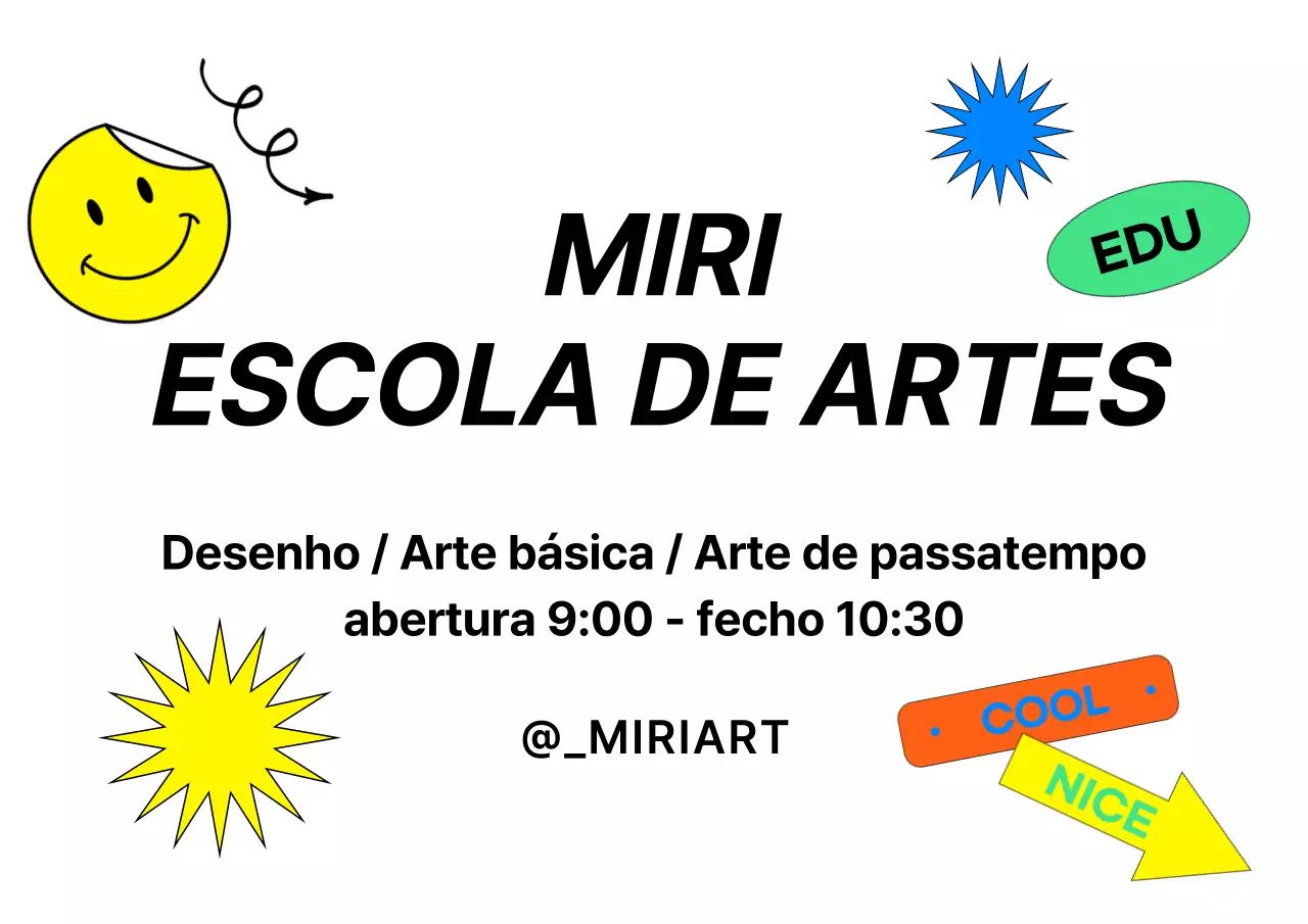 Um design promocional para uma escola de arte com uma variedade de autocolantes coloridos.