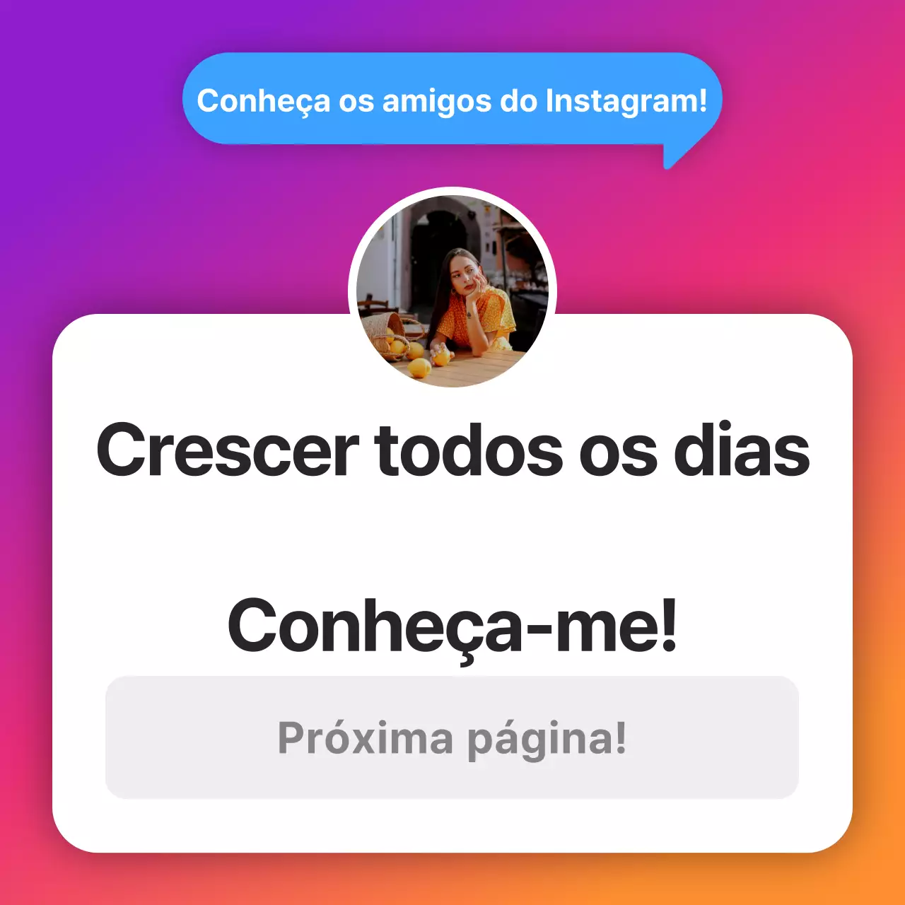 Conceito inanimado de bio do Instagram em gradiente roxo e laranja