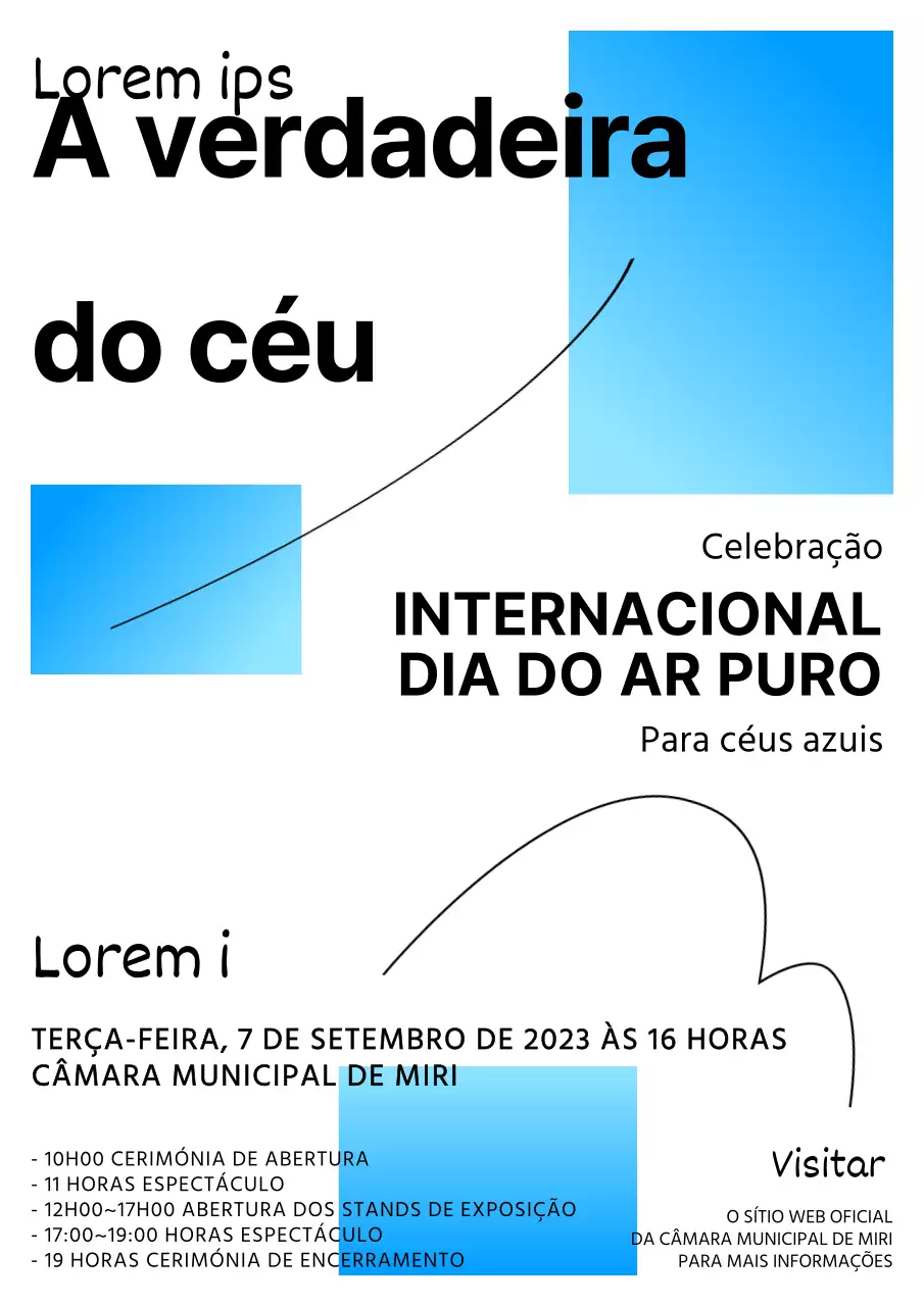 Anúncio de evento com fundo branco e pormenor de retângulo com gradiente azul claro V1
