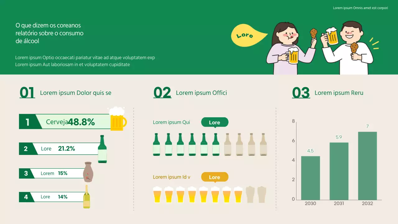 Infografia do relatório sobre a bebida coreana verde e bege
