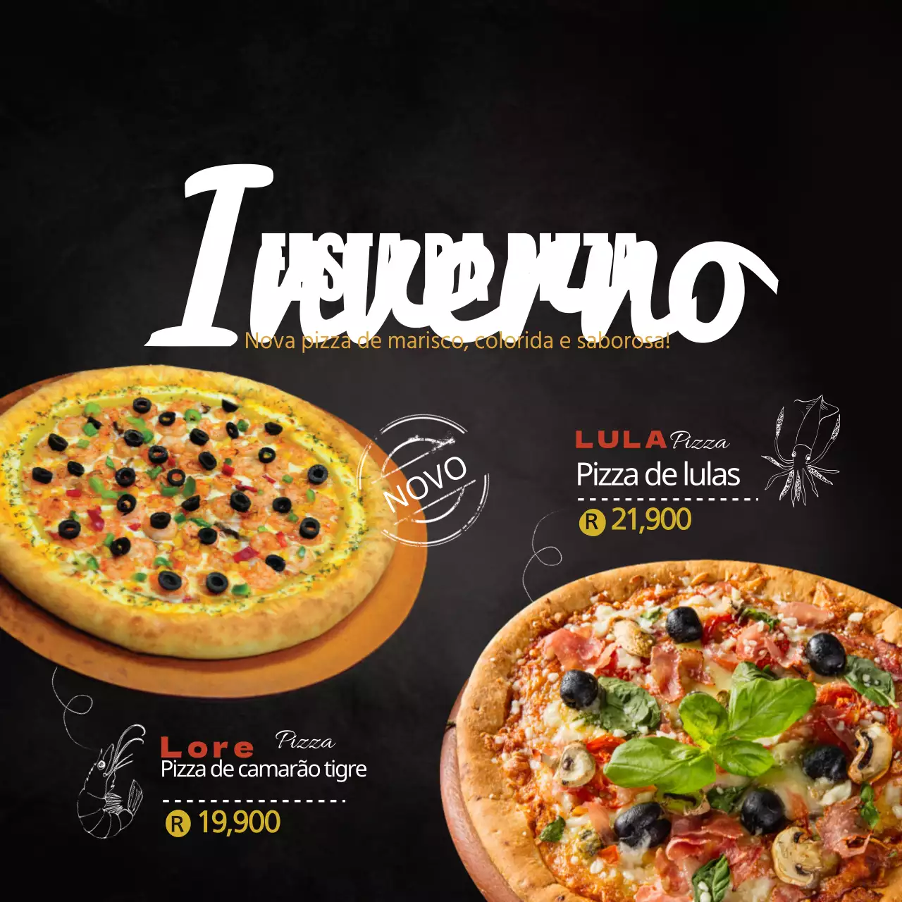 Novo menu de pizzas de marisco
