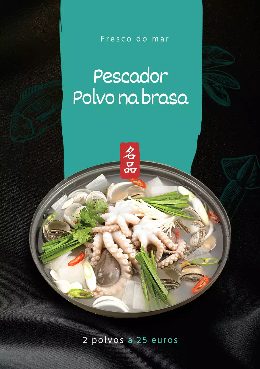 Cartaz vertical de um menu de polvo preto e verde