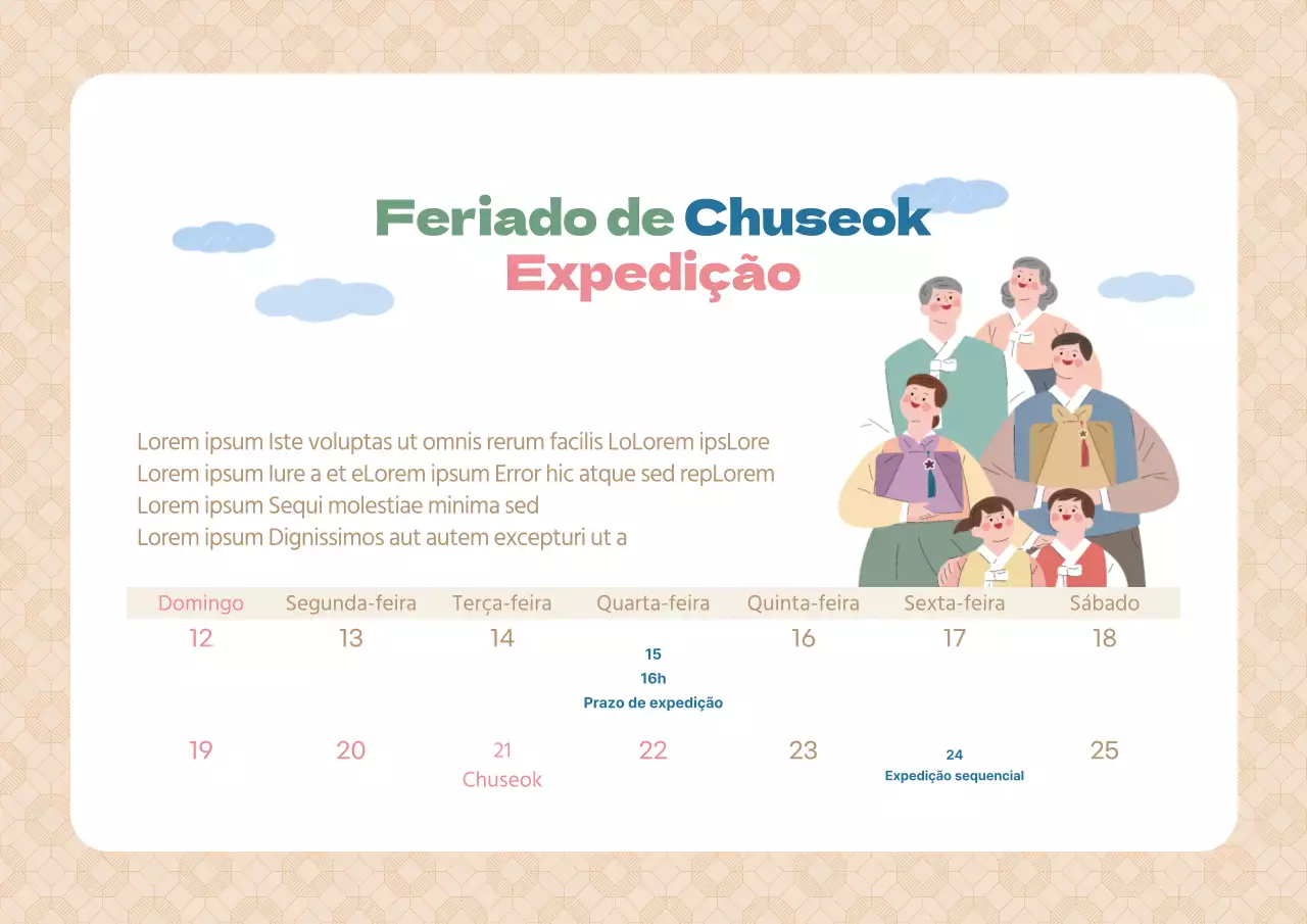 Aviso de entrega do feriado de Chuseok com um fundo bege com padrão quente